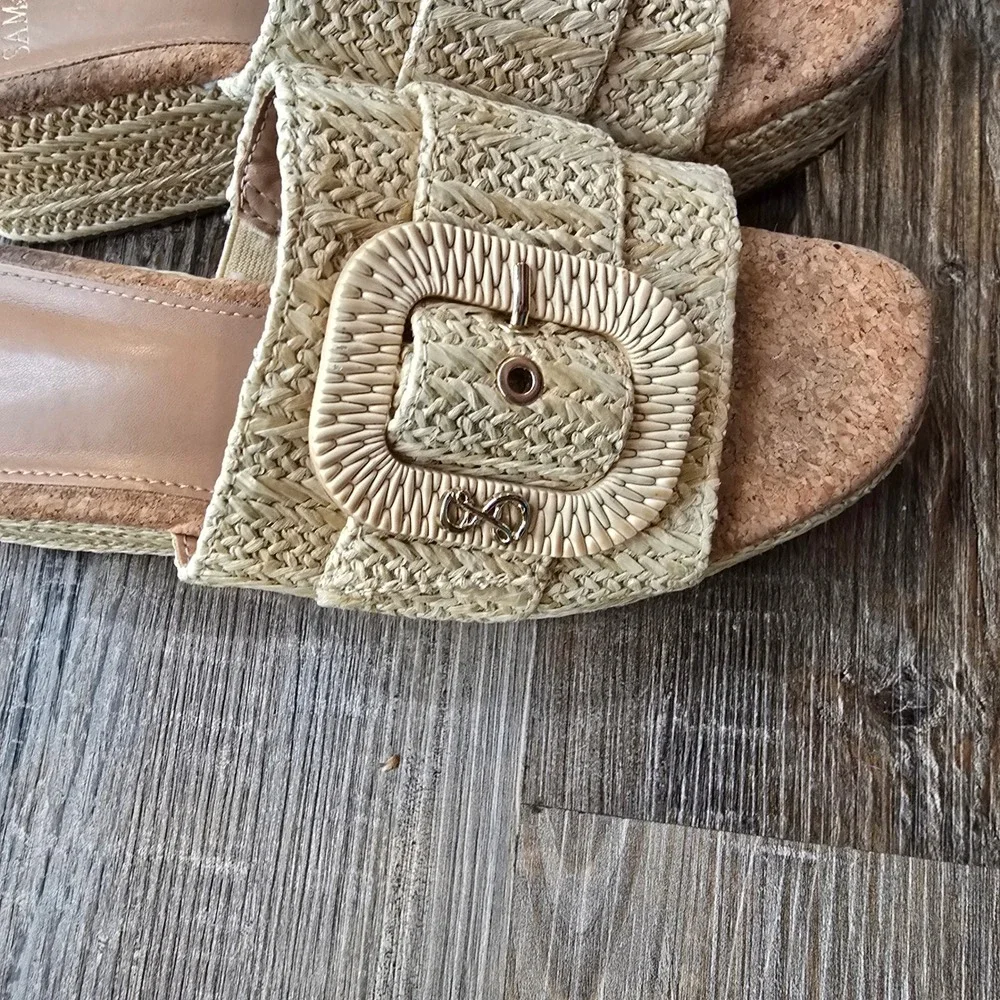 Sam & Libby Womens Beige Woven Raffia Platform Slide Sandals Buckle Size 7